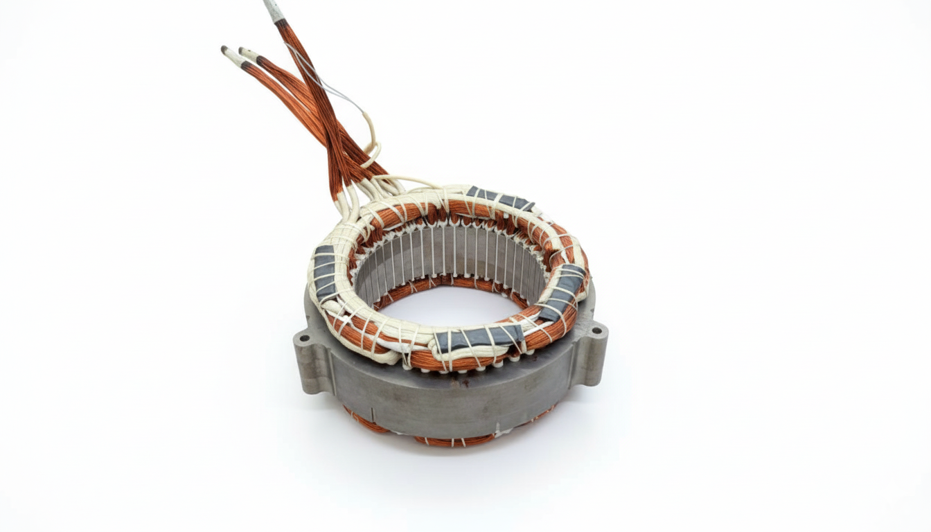 Stator from an EV traction motor, showing high slot fill copper windings and core.